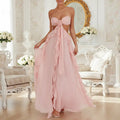 Women's Strapless Ruffle Maxi Dress, 3D Floral Cutout Waist Chiffon Gown with High Slit, Elegant Flowy Formal Dress for Wedding & Party
