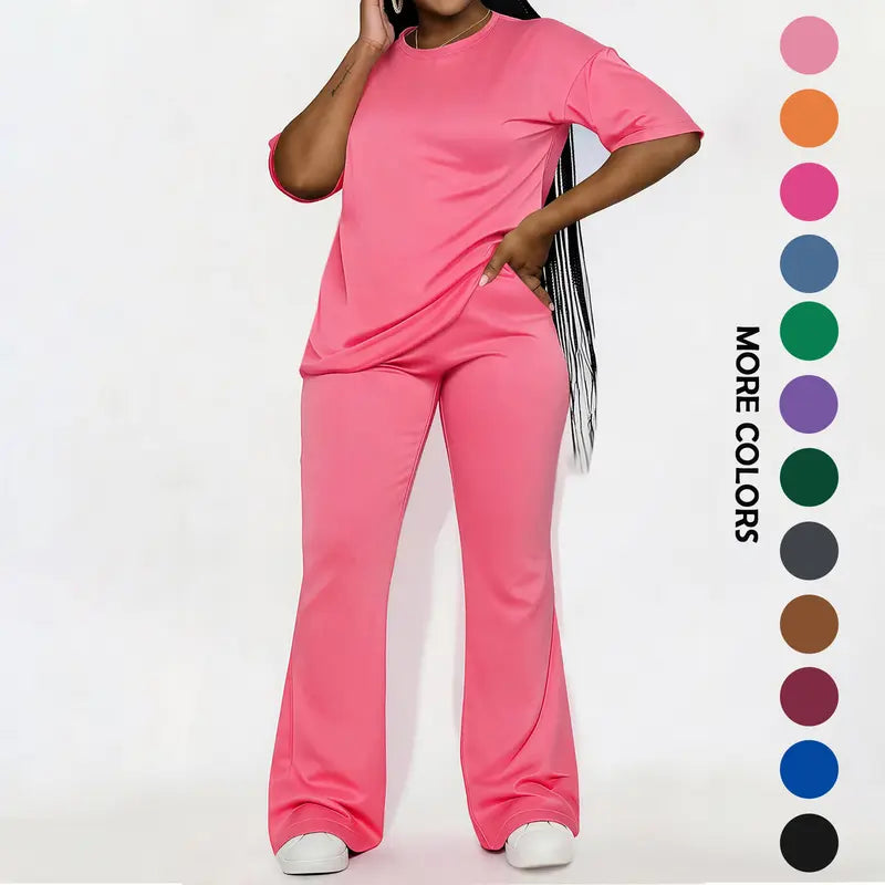 Women's Solid Drop Shoulder 2-Piece Set - Half Sleeve Crewneck (Round Neck) Fitted Minimalist Tee & Pants, Casual Cozy Womenswear for Daily Outdoor Fall Wear, Casual Women's Set Suits Basic Shortsleeve Clothes, Matching Sets, Stylish Women's Wear