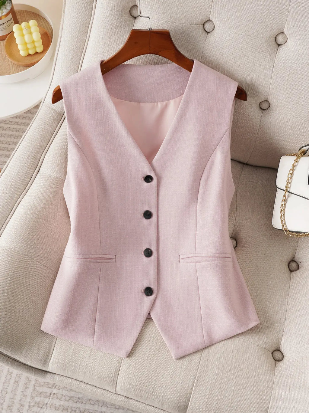 Women's V-Neck Button Gilet, Button Front Vest, Short Elegant Vest for Spring & Fall, Casual Plain Surface Outerwear, Fashionable Slim Fit Top