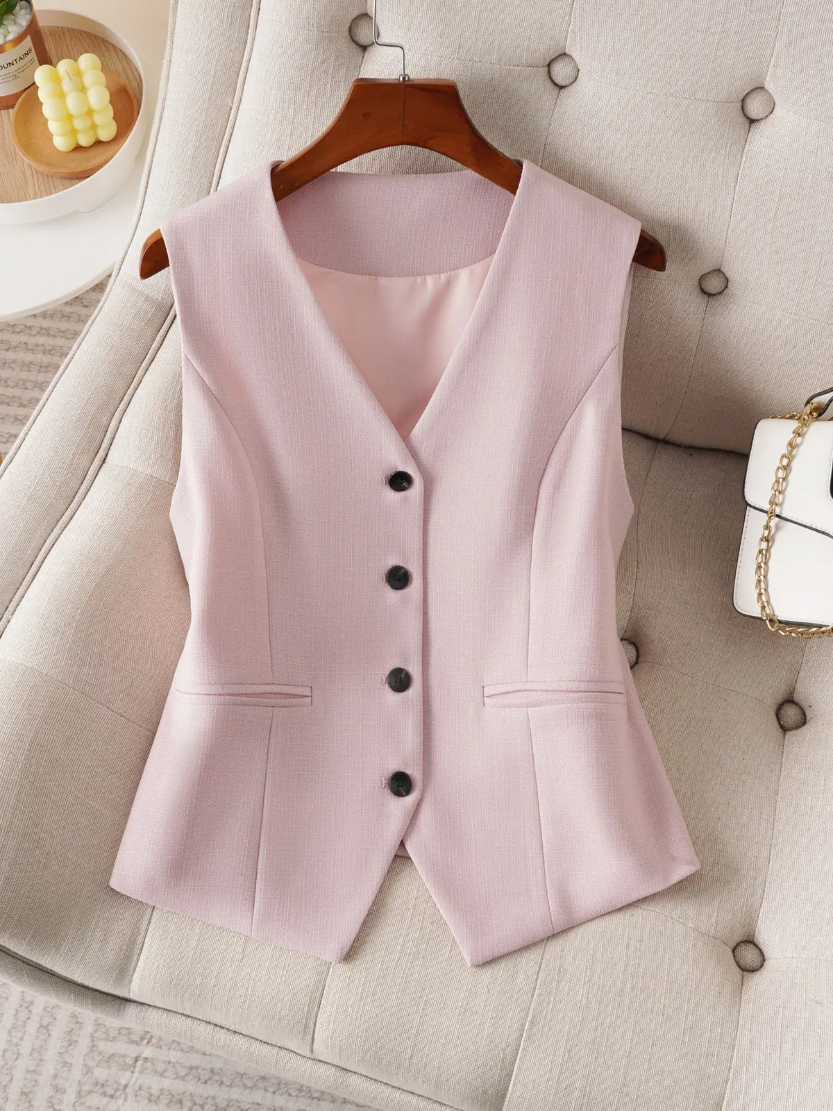 Women's V-Neck Button Gilet, Button Front Vest, Short Elegant Vest for Spring & Fall, Casual Plain Surface Outerwear, Fashionable Slim Fit Top