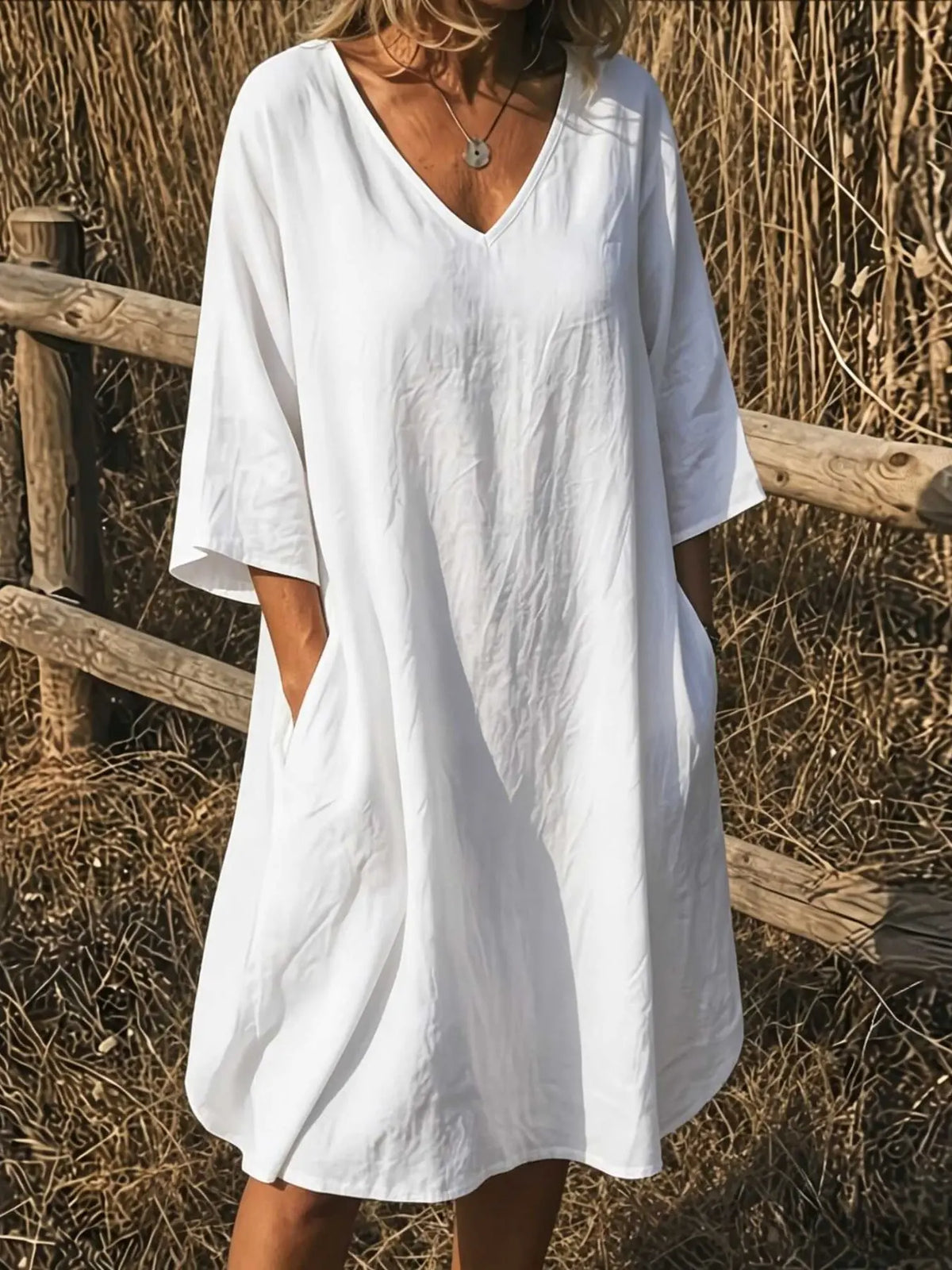 Elegant V-Neck Top, Loose Long Sleeve with Large Pockets, Breathable Linen Texture, Casual Summer Shirt for Women, Comfortable and Stylish