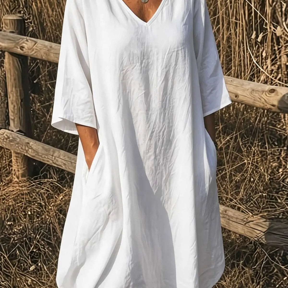 Elegant V-Neck Top, Loose Long Sleeve with Large Pockets, Breathable Linen Texture, Casual Summer Shirt for Women, Comfortable and Stylish