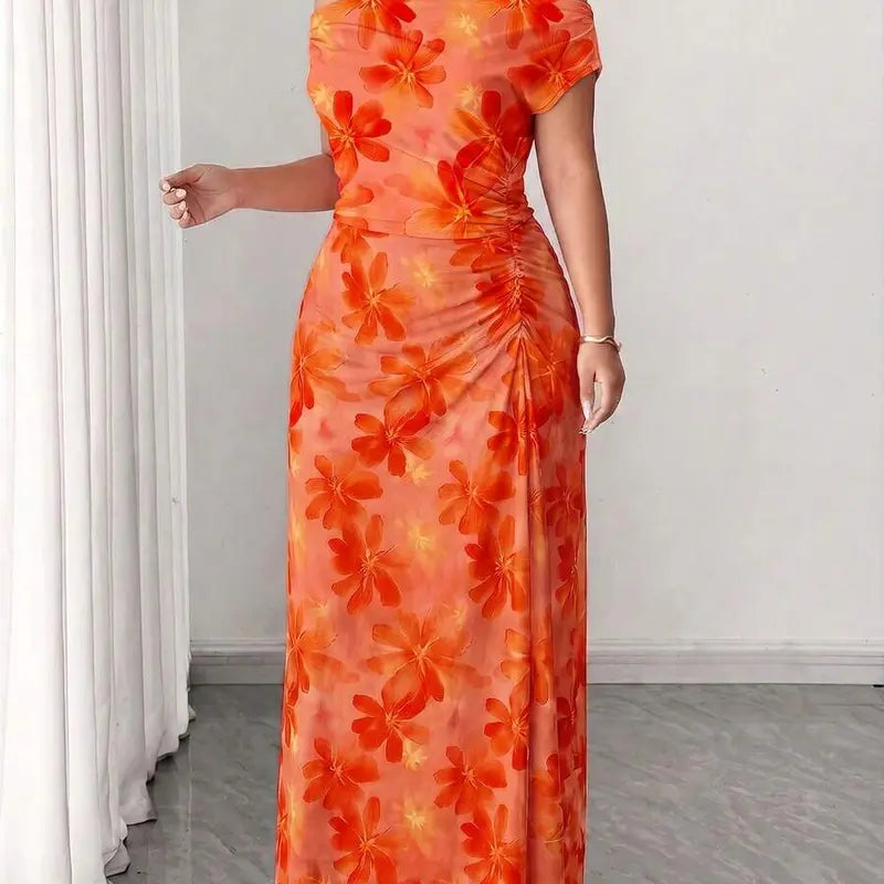 ZENIE Plus Size Elegant Date Night Off Shoulder Cinched Waist Floral A Line Maxi Dress Party Outfit