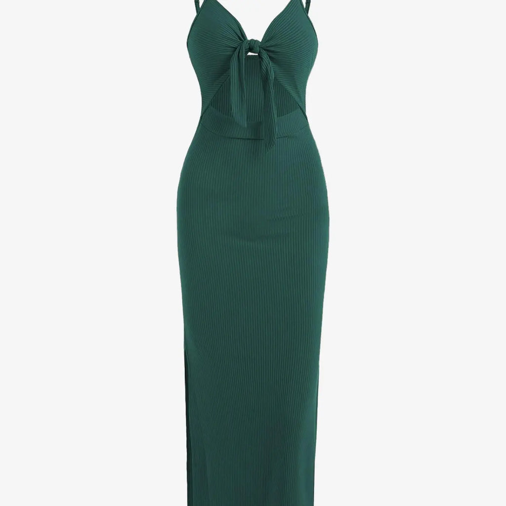 Women's Plain Cut Out Knot Front Split Thigh Bodycon Long Dress, Spaghetti Strap Sleeveless, Summer Clothes Women, Solid Cami Dress, Ladies Casual Summer Evening Party Nightclub Dress