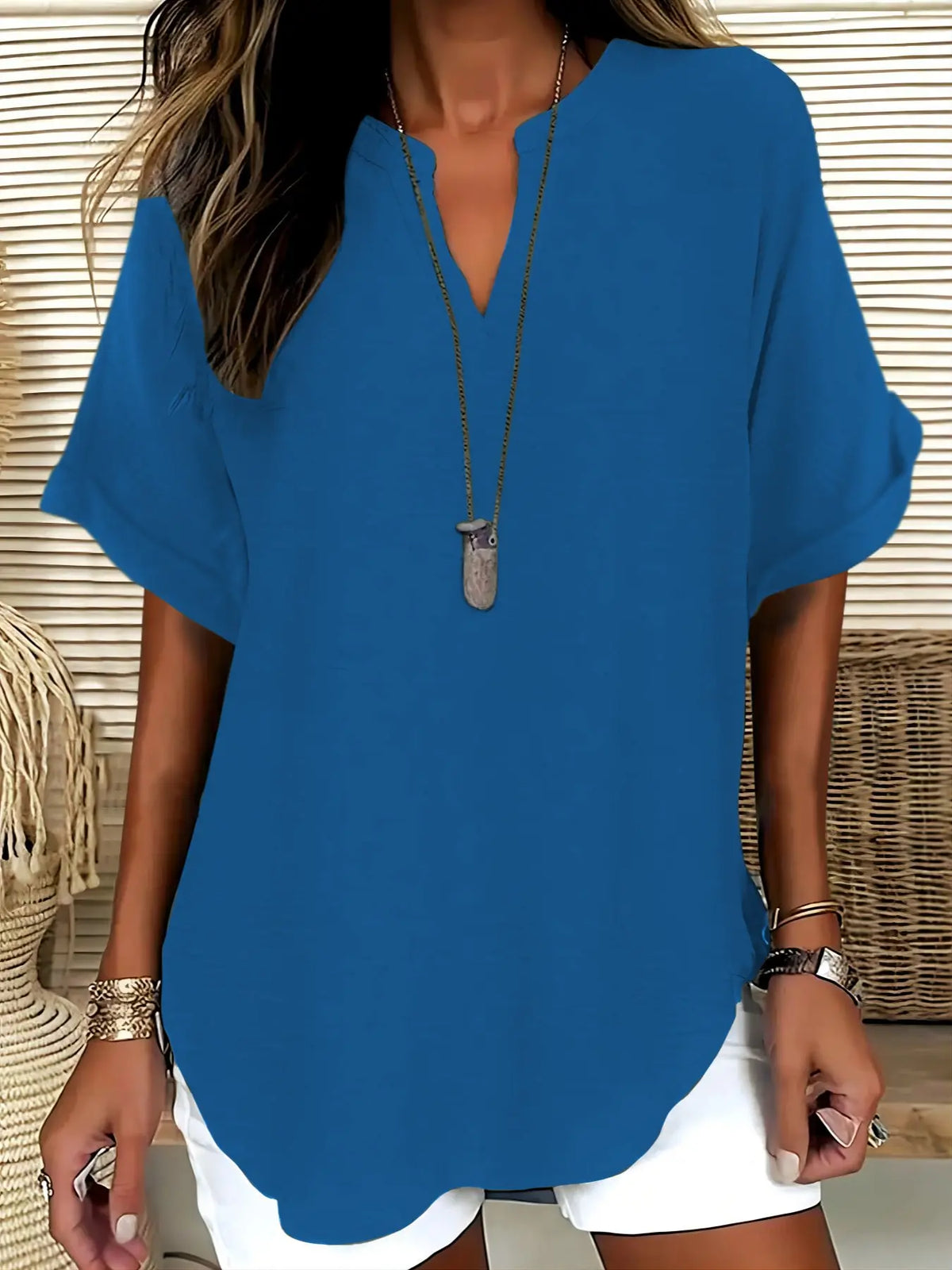 Women's Simple Basic Vintage Elegance Solid V-Neck Short Sleeve Batwing Shirt Blouses, Casual Loose-Fitting Lightweight Pullover, 100% Polyester, All Seasons Fashion Top Minimalist, Casual Daily Tops