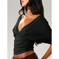 Women's Sexy Deep V-Neck Batwing Sleeve Crop Top Ruched Cinched Waist Short Blouse Fashion Y2K Casual Spring Summer Going Out Clubwear Dolman Shirts Elegant Pleated Slim Fit Tops for Women Trendy Streetwear Party Holiday Wardrobe Essential