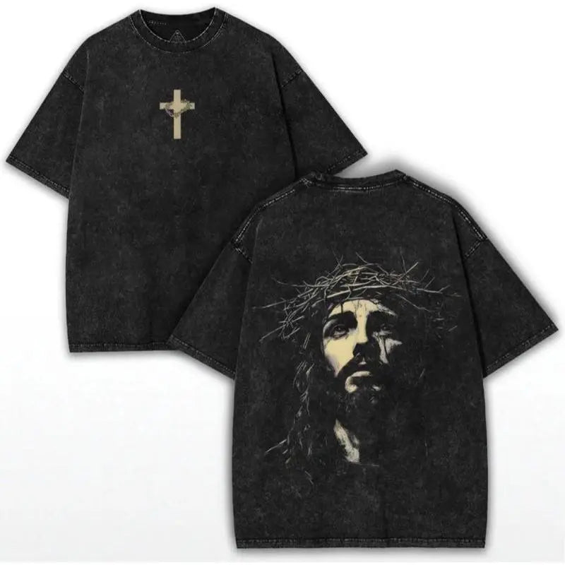 Men's Unisex Cotton Round Neck Oversized Washed T-Shirt - Jesus Christian Streetwear, Jonah and the Whale Graphic, "Get In Loser We're Doing God's Will" Verse, Faith Humor Fabric Style Religious Gift