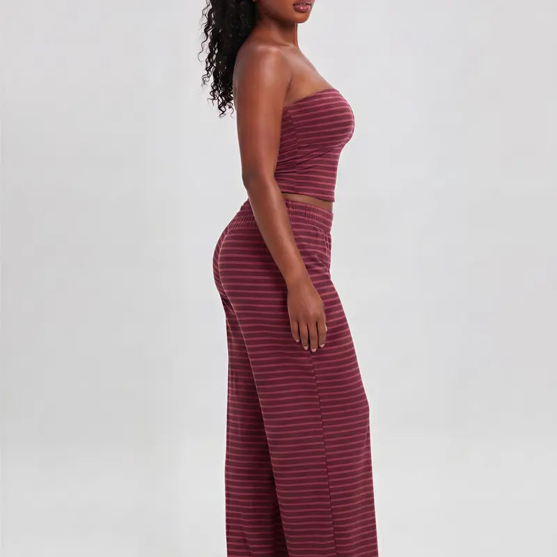 Katch Me Chic(US/CN)Women's Casual Color Matching Stripe Slim Tube Top & Low-Rise Wide Leg Trousers Co-ord, Lightweight Wrinkle-Resistant Spring & Summer Outfits, Skin-Friendly Two Piece Sets #TikTokMadeMeBuyIt #TwoPieceSet #SummerEssentials Cropped Soft