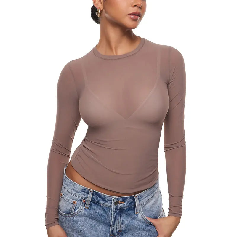 Cosnufy Mesh Sheer Long Sleeve Top Single Layer Crew Neck See Through