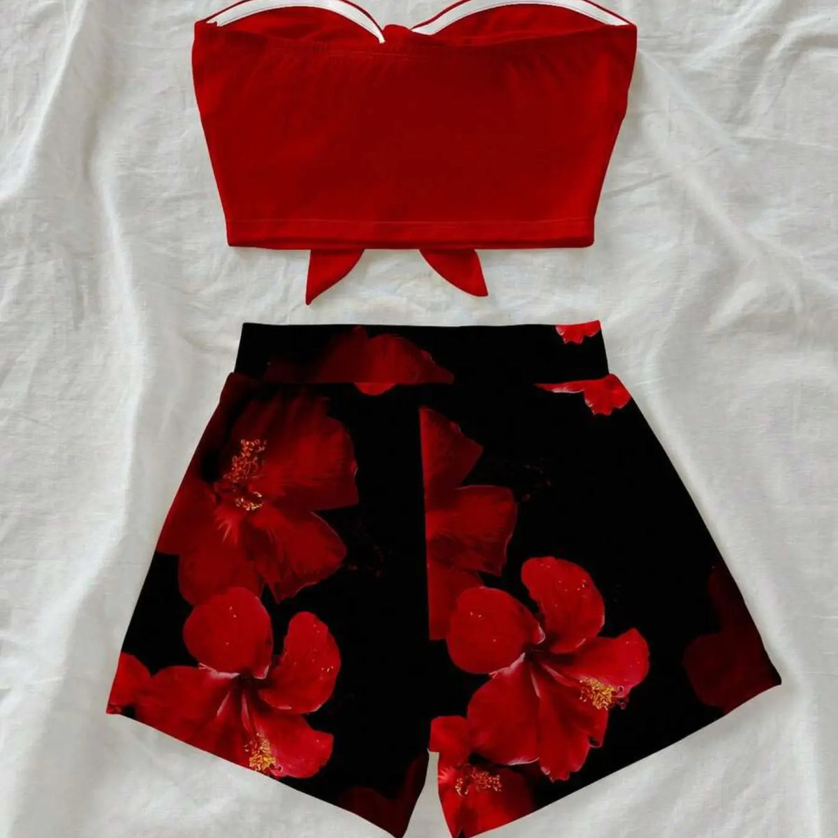 Women's Two-Piece Casual Vacation Tie Front Crop Top and Print Shorts Set, Summer Beach Wear, Beach Outfits Set, Daily Festival Clothing