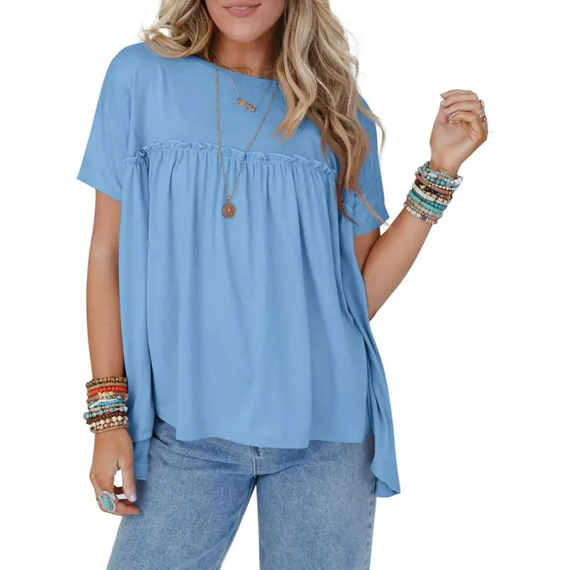 Imily Bela Womens Summer Babydoll Tunic Tops Pleated Short Sleeve Crew Neck Peplum T Shirts Casual Loose Fit Outfits Womenswear Blouse church outfit Breathable Chic