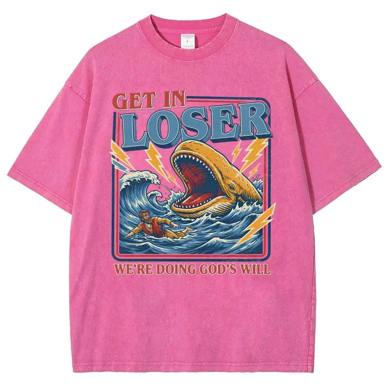 Men's Unisex Cotton Round Neck Oversized Washed T-Shirt - Jesus Christian Streetwear, Jonah and the Whale Graphic, "Get In Loser We're Doing God's Will" Verse, Faith Humor Fabric Style Religious Gift