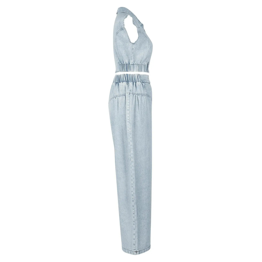 Women's Denim Crop Top & Wide Leg Trouser Two-piece Set, Casual Fashion Cozy Two Piece Outfits for Daily Outdoor Wear, Ladies Clothes for Summer, Womenswear