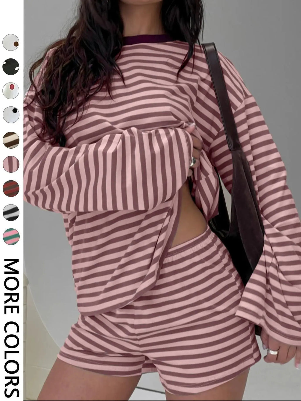 Valentine's Day Women's Casual Striped Long Sleeve Top & Shorts Set, Loose Fit, All Season, Comfortable Travel Clothing for Daily Wear, Two Pieces Outfits