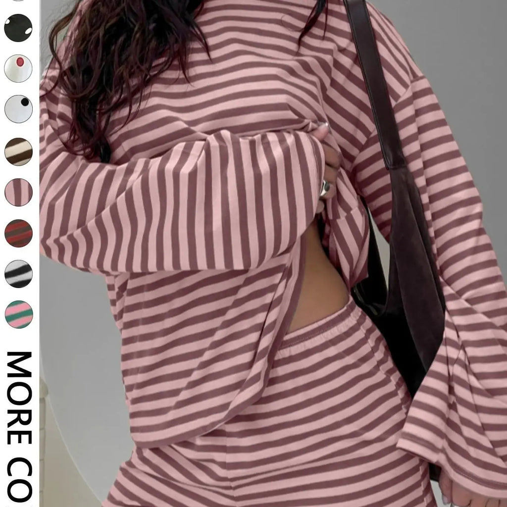 Valentine's Day Women's Casual Striped Long Sleeve Top & Shorts Set, Loose Fit, All Season, Comfortable Travel Clothing for Daily Wear, Two Pieces Outfits