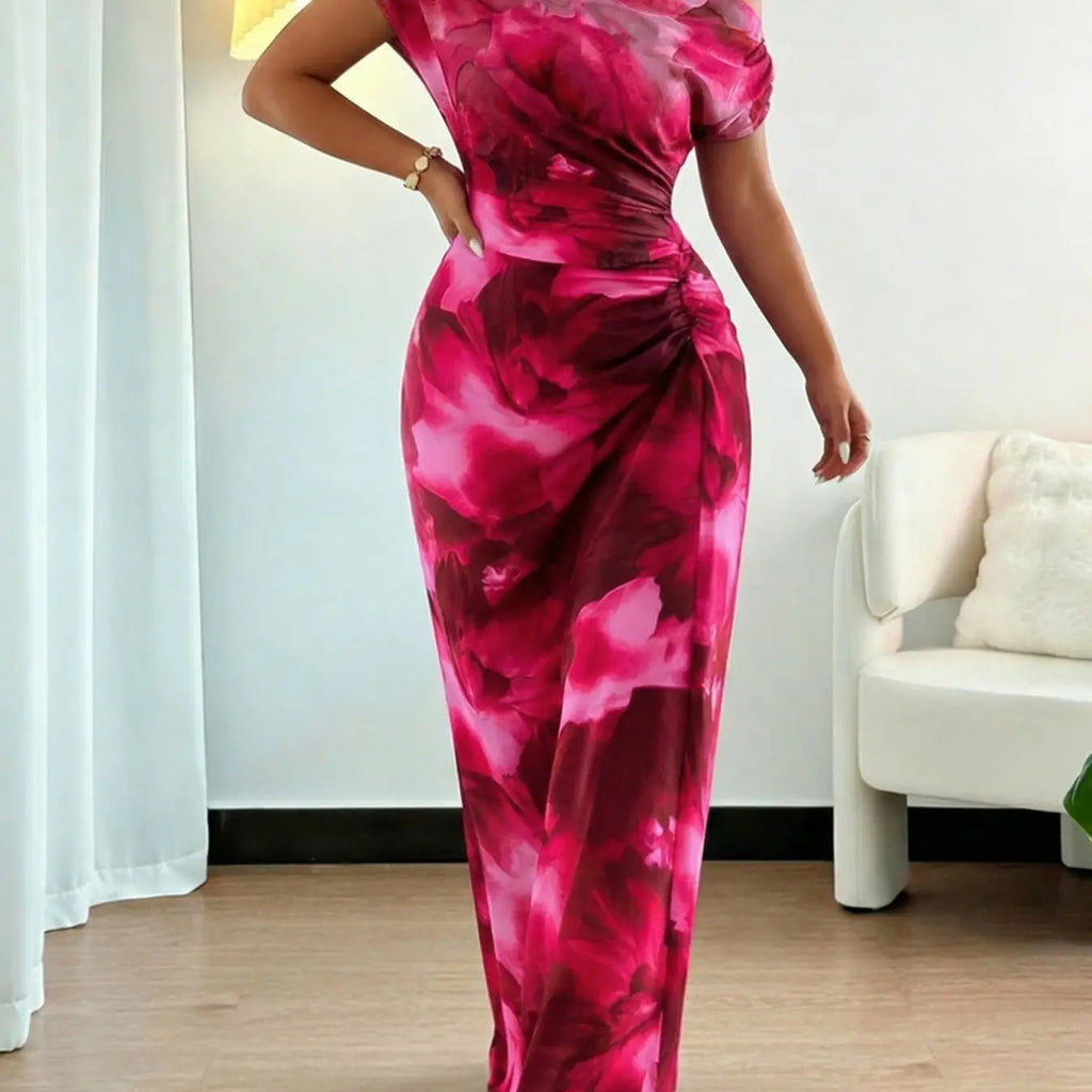 Women's Minimalist Print Asymmetrical Ruffled Floral Formal Dress with Shoulder and Waist Details, Elegant Chic Evening Formal Wear Fashion for Parties and Casual Outings