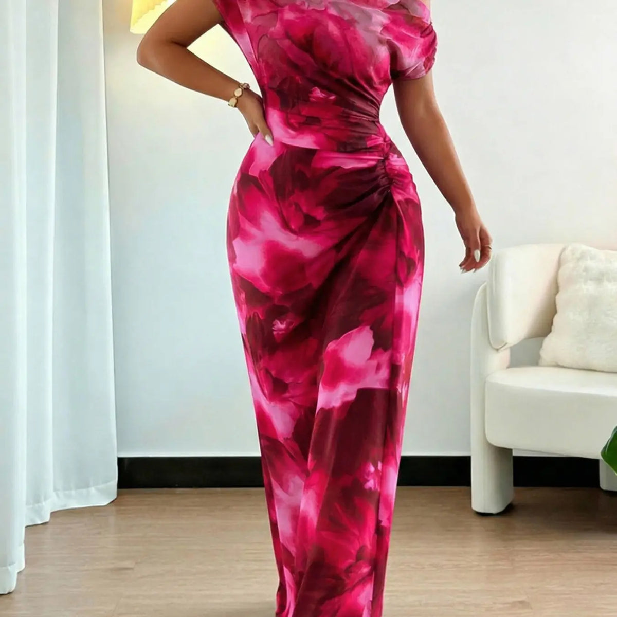 Women's Minimalist Print Asymmetrical Ruffled Floral Formal Dress with Shoulder and Waist Details, Elegant Chic Evening Formal Wear Fashion for Parties and Casual Outings