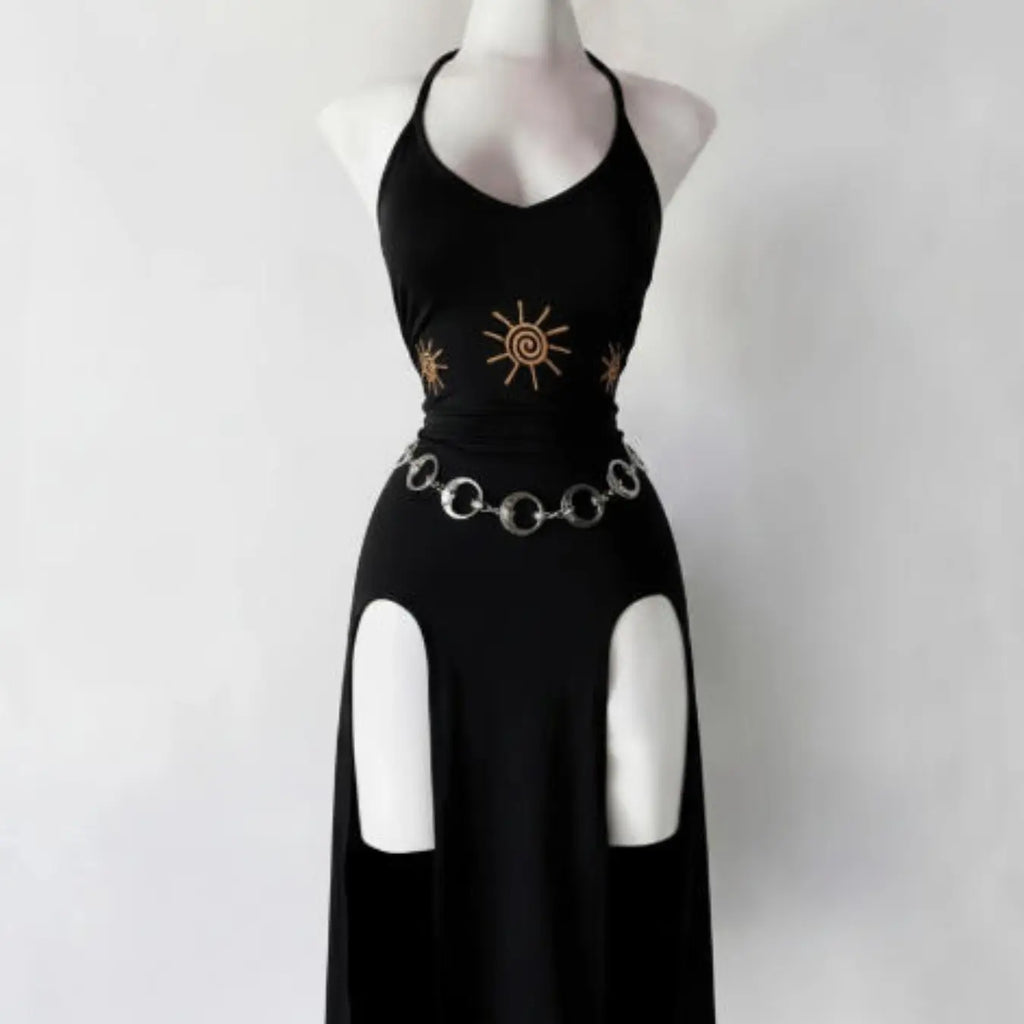 Vintage Gothic Halter Tie Dress, Slimming Split Midi Dress, Dark Theme Party Gown, Unique Retro Style, Perfect for Ceremonies, Elegant Party Dresses