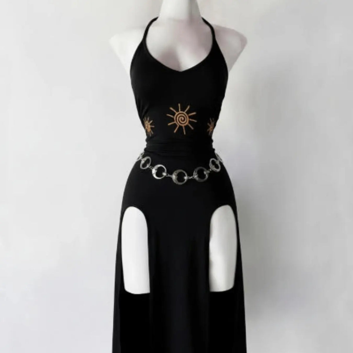 Vintage Gothic Halter Tie Dress, Slimming Split Midi Dress, Dark Theme Party Gown, Unique Retro Style, Perfect for Ceremonies, Elegant Party Dresses