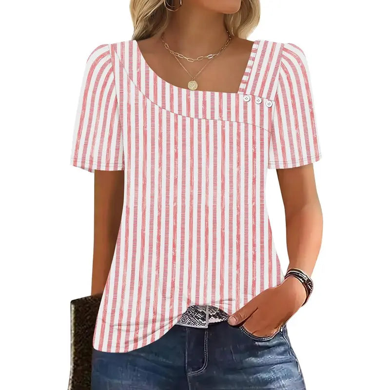 WIHOLL Women's Striped Short-Sleeve Boat Neck Blouse - Elegant Dressy Casual Loose-Fit Top with Button Detail, Soft Stretch Polyester Blend, Chic Aesthetic Blouses & Shirts, Check Size Chart, Back-to-School Outfits