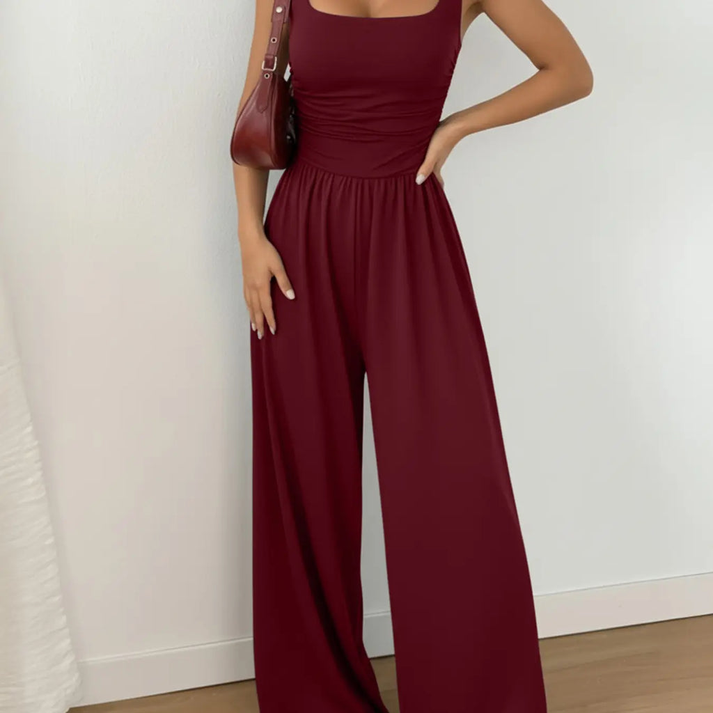 Women's Casual Fit Knitted Solid Square-Neck Jumpsuit, Basic, Fashionable, Comfortable and Versatile Wide-Leg Jumpsuit, Everyday Womenswear, Fit Jumpsuits