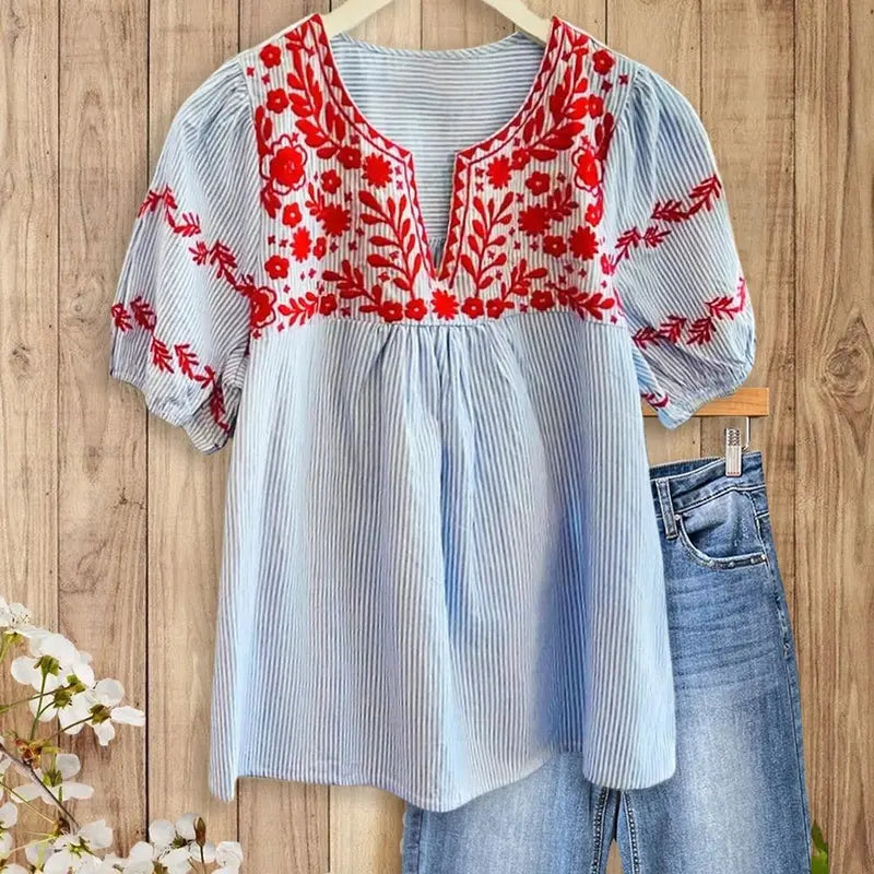 Women's SageVell Trending Boho Striped Blue-Khaki Blouse - Lady's Chic V-Neck Puff Sleeve Top with Delicate Red Floral Embroidery, Soft Fabric, Boho Clothes (Medium)