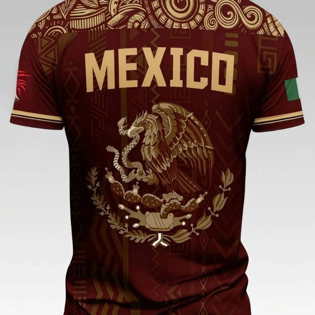 Men's Summer Short Sleeve T-Shirt Mexican Tourism Cultural Souvenir, Country Graphic Tee, Dark Pattern Round Neck, Outdoor Casual Fashion Print