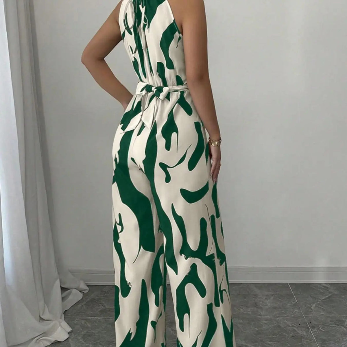 Women's All-Over Print Halter Neck Wide-Leg Jumpsuit, One Piece Jumpsuits, Sleeveless Casual Party Jumpsuit for Holiday Vacation & Daily Wear, Ladies' Spring & Summer Clothes