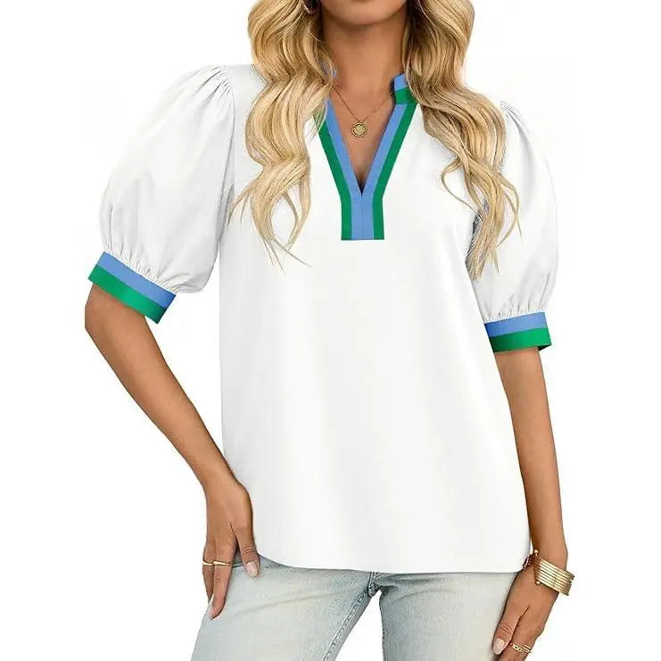 TANKANEO Women's Elegant Chic V-Neck Puff Sleeve Polyester Blouse - Dressy Tops for Coffee, Party, Summer, Loose Fit with Floral or Leopard Prints, Blouses for Women