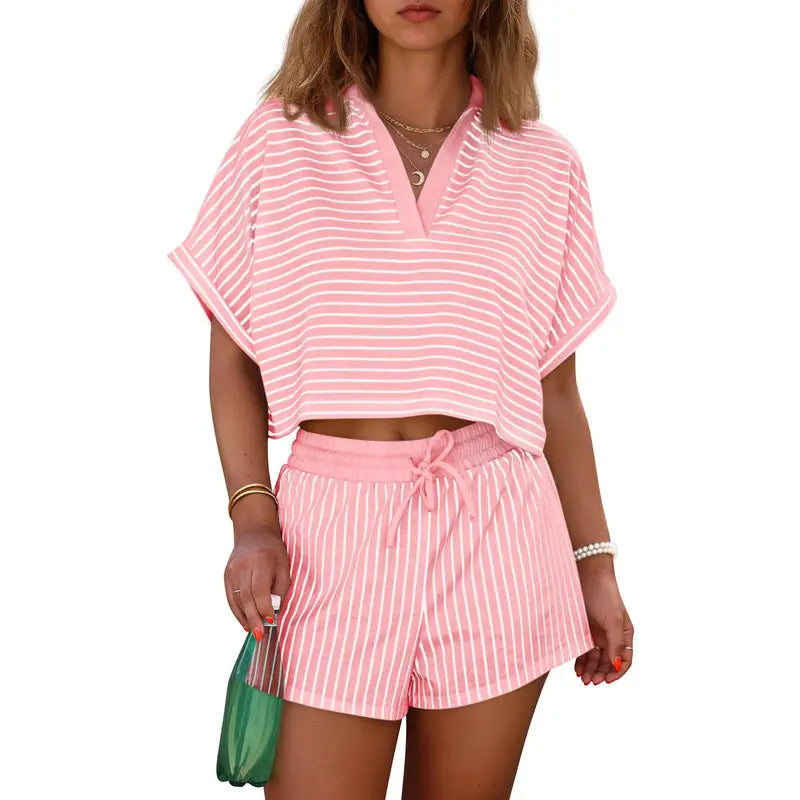 Cicy Bell Womens Striped 2 Piece Short Sets Summer Short Sleeve Collared V Neck Cropped Tops Vacation Casual Lounge Outfits
