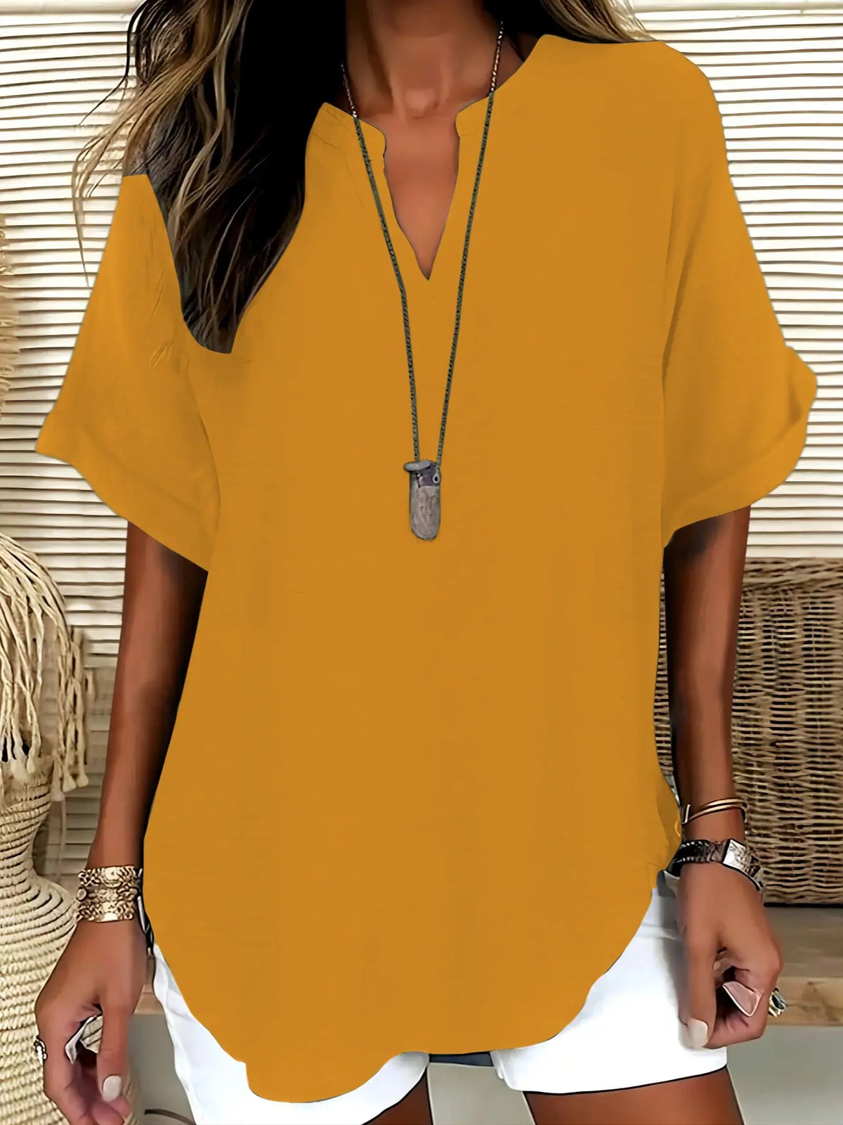 Women's Simple Basic Vintage Elegance Solid V-Neck Short Sleeve Batwing Shirt Blouses, Casual Loose-Fitting Lightweight Pullover, 100% Polyester, All Seasons Fashion Top Minimalist, Casual Daily Tops