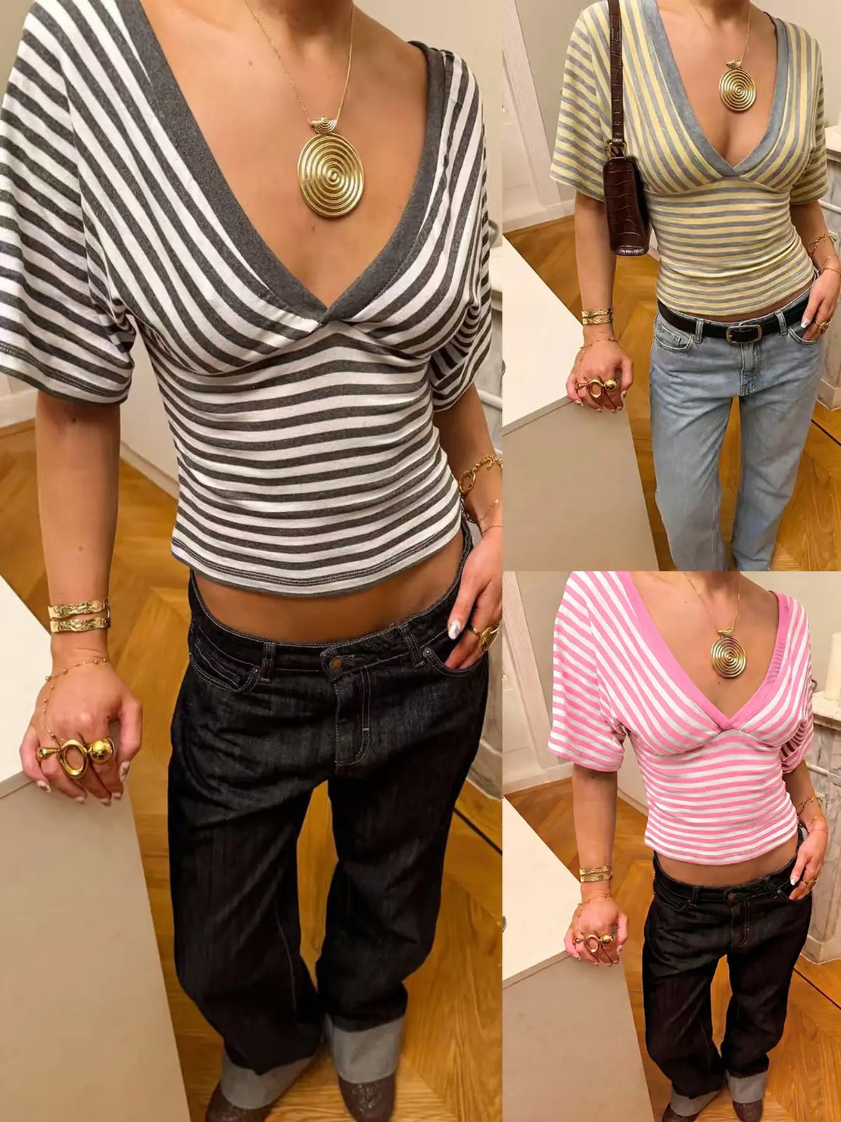 Striped V-Neck Wrap Top, Form-Fitting Puff Sleeve Y2K Crop Blouse, Stylish, Comfortable and Fashion Piece for Everyday Wear, Casual Everyday Tops