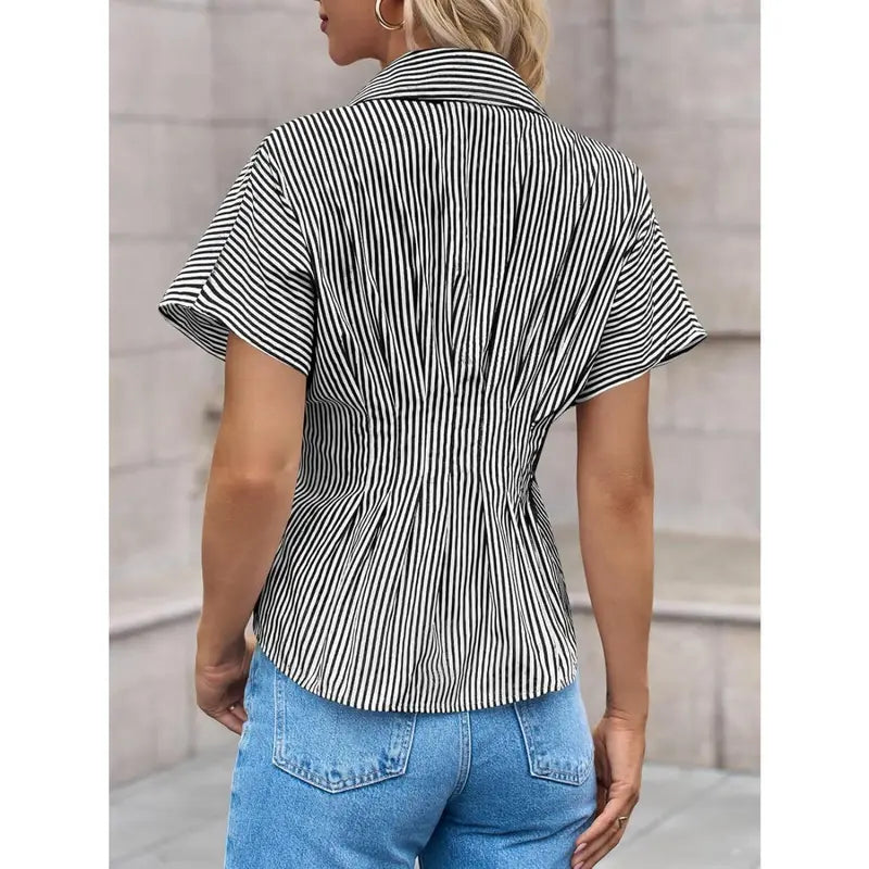 TANKANEO Women's Striped Peplum Button-Down Blouse - Short-Sleeve Batwing, Fitted Waisted, Pleated Polyester Shirts for Women, Flattering Everyday Tops, Breathable Casual Summer Business Wear