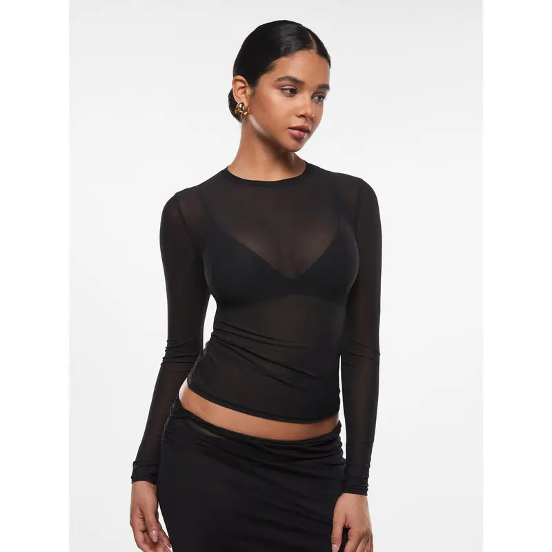 Cosnufy Mesh Sheer Long Sleeve Top Single Layer Crew Neck See Through