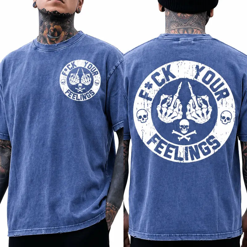 Men's "F*ck Your Feelings" Skull Graphic T-Shirt, Short-Sleeve Round Neck Loose Menswear, Bold Statement Limited Edition Fashion Streetwear Casual Angel Tee tiktokshopspringglowup,summervibes Cotton Tops Black Crewneck Tropical