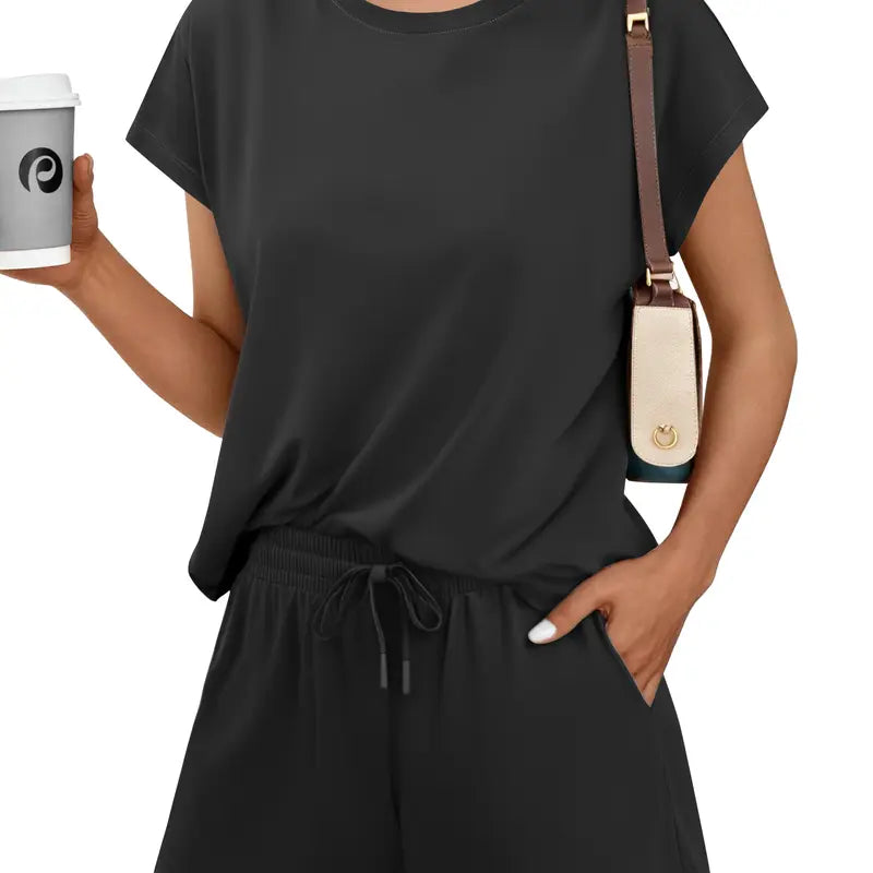 PINSPARK Women's 2-Piece Matching Set - Summer Crewneck Top, Drawstring Shorts with Pockets, Soft Fabric, Casual Travel Outfits, 2026 Trendy Sports & Outdoor Lounge Wear