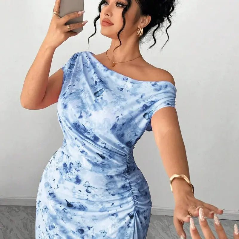 ZENIE Plus Size Elegant Date Night Off Shoulder Cinched Waist Floral A Line Maxi Dress Party Outfit