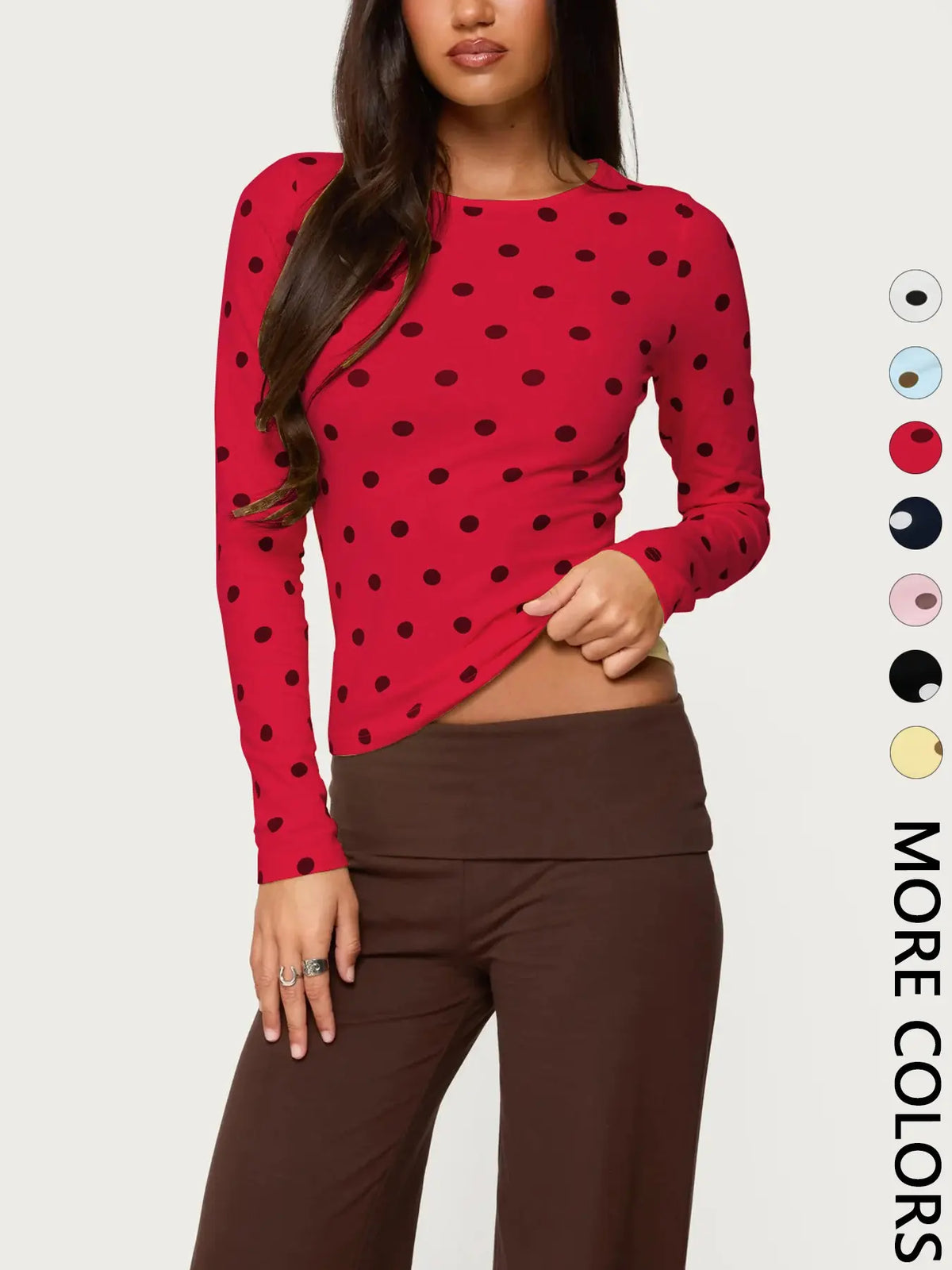 Women's Polka Dot Print Long Sleeve Slim Fit Short Top, Vintage Bodycon, Perfect for Dates and Shopping, Stylish Chic Casual Wear, Bodycon Fitted Top
