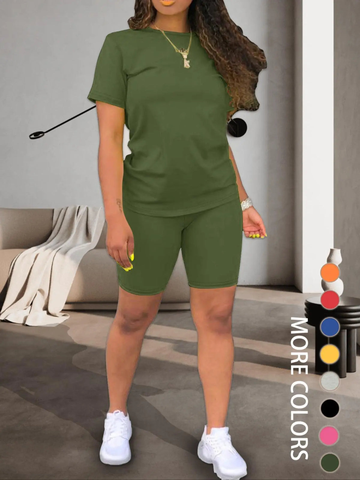 Two-piece Women's Fitted Plain Basic Round Neck Tee & Skinny Shorts Set, Minimalist, Casual Summer Clothes for Women, Short Sleeve Crew Neck T-shirt & Shorts, Summer Outfit for Outdoor, Matching Clothing Set, Casual Beach Set, Fashion Clothes Set