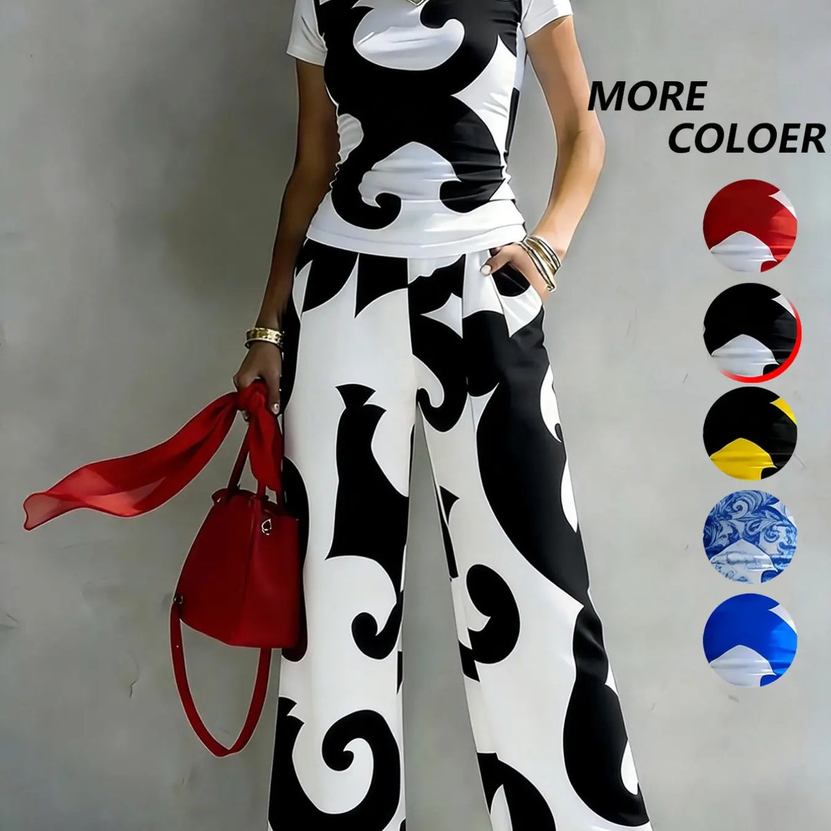 Women's Casual Two-Piece Set, Round Neck T-Shirt with Geometric Random Print, High-Waisted Pocket Wide Leg Pants, Urban Leisure, Matching, Casual Everyday Set