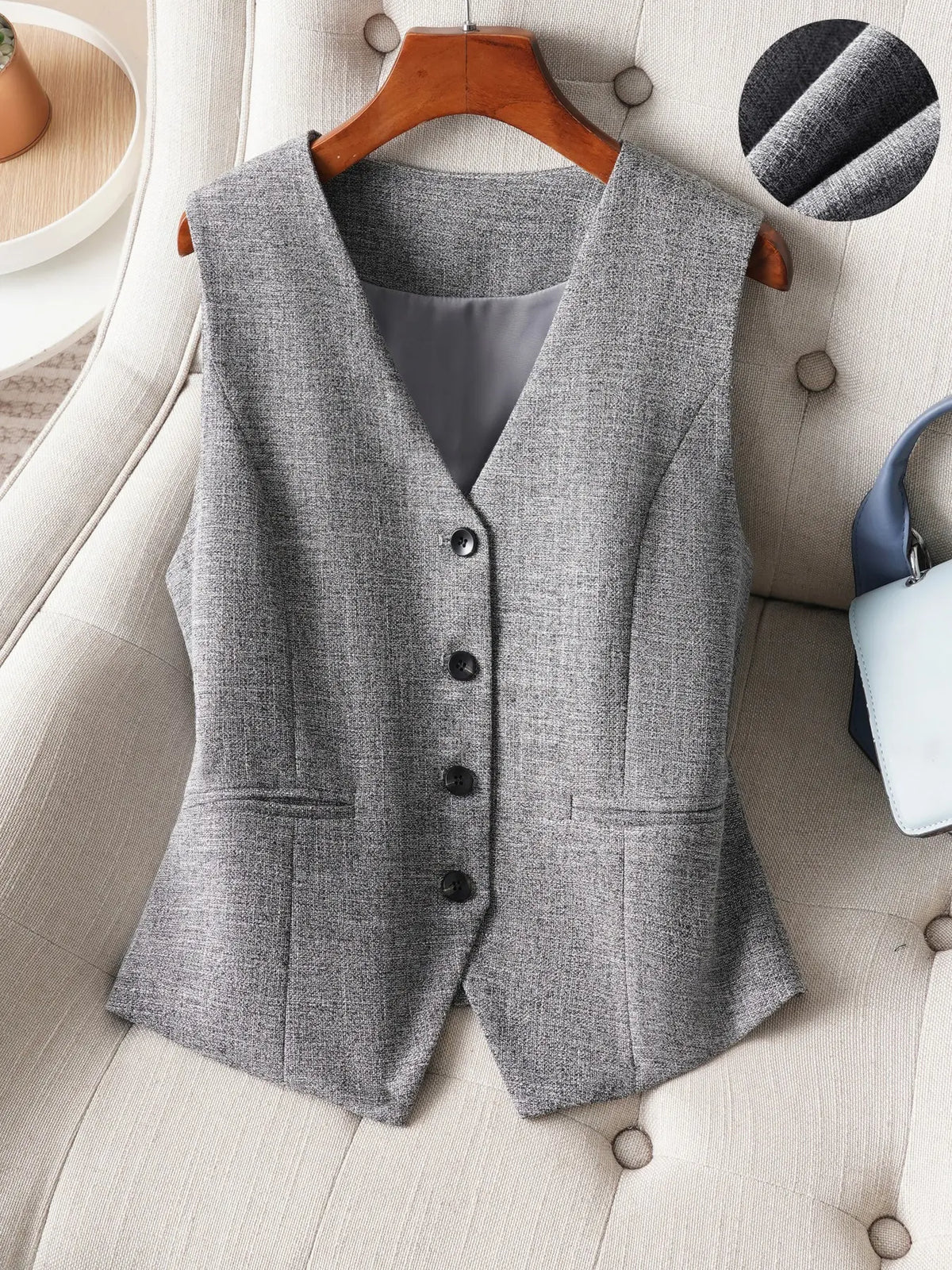 Women's V-Neck Button Gilet, Button Front Vest, Short Elegant Vest for Spring & Fall, Casual Plain Surface Outerwear, Fashionable Slim Fit Top