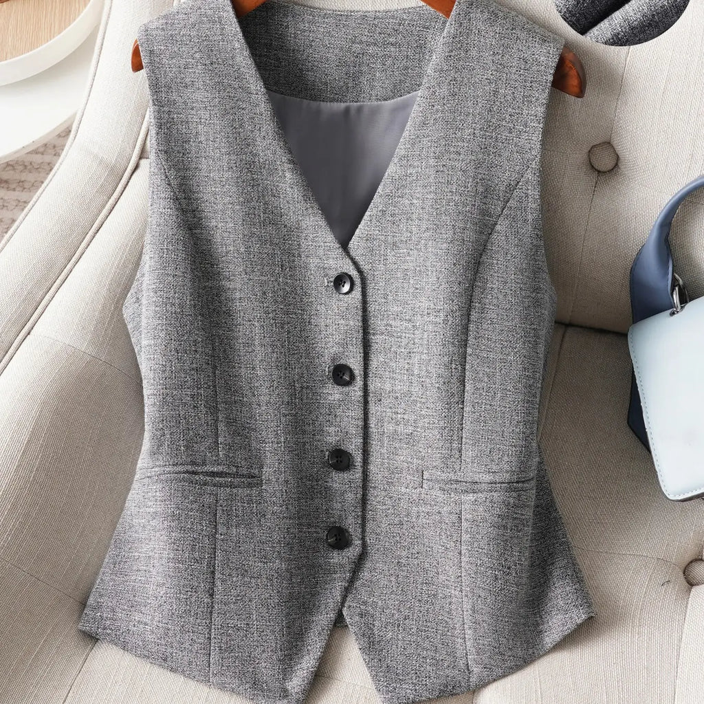 Women's V-Neck Button Gilet, Button Front Vest, Short Elegant Vest for Spring & Fall, Casual Plain Surface Outerwear, Fashionable Slim Fit Top