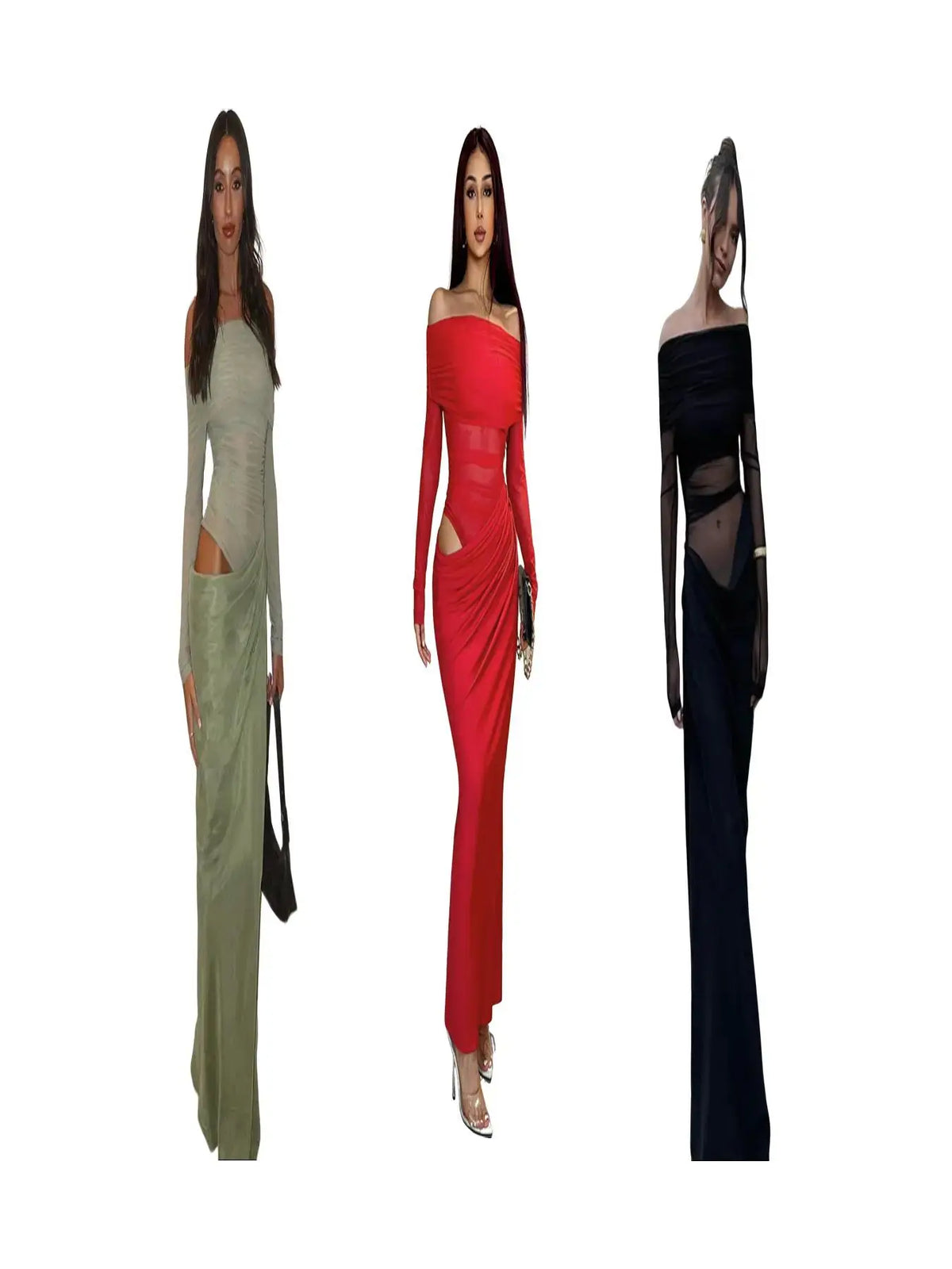 Women's Plain Off Shoulder Ruched Sheer Mesh Dress, 2025 Elegant Long Sleeve Long Dress for Party Banquet, Ladies Summer Clothes