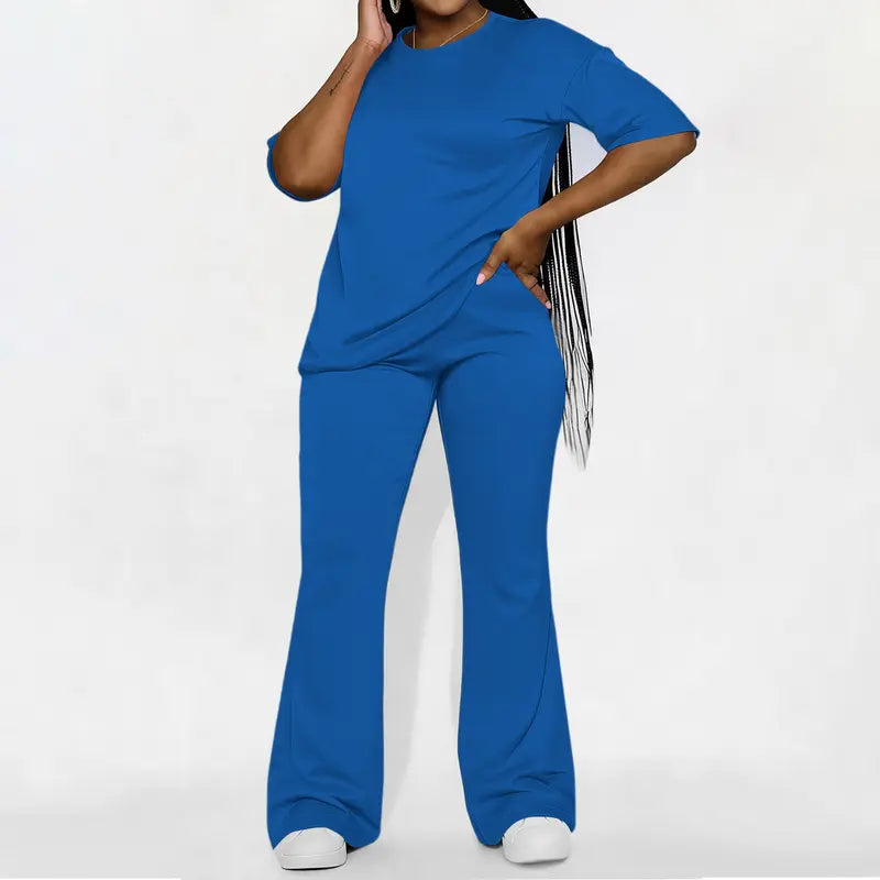 Women's Solid Drop Shoulder 2-Piece Set - Half Sleeve Crewneck (Round Neck) Fitted Minimalist Tee & Pants, Casual Cozy Womenswear for Daily Outdoor Fall Wear, Casual Women's Set Suits Basic Shortsleeve Clothes, Matching Sets, Stylish Women's Wear