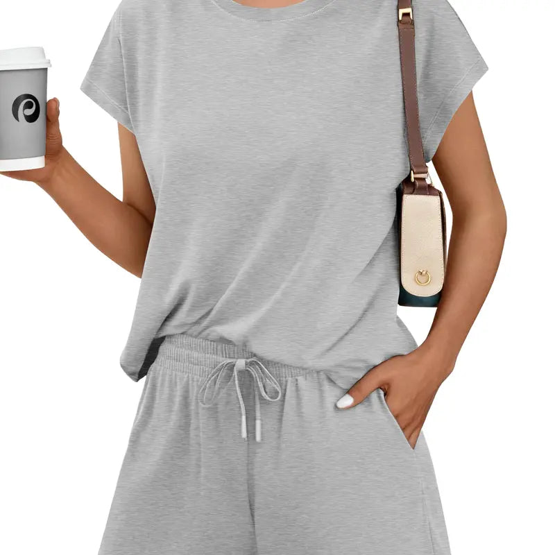 PINSPARK Women's 2-Piece Matching Set - Summer Crewneck Top, Drawstring Shorts with Pockets, Soft Fabric, Casual Travel Outfits, 2026 Trendy Sports & Outdoor Lounge Wear