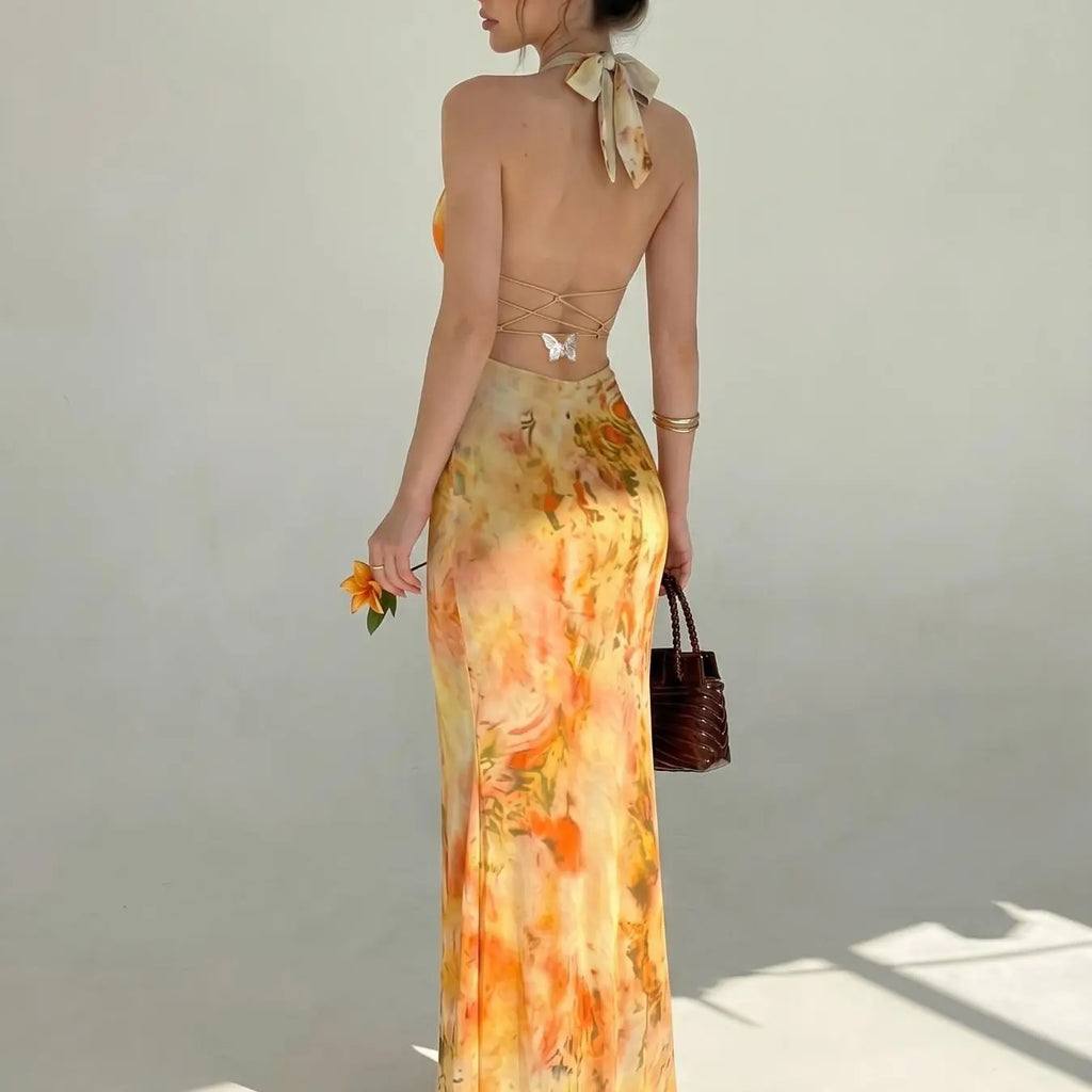 Women's Chic Gradient Print Halter Deep V Slim Fit Mermaid Long Dress, Sleeveless Backless Party Dress, Beach Vacation Style, Backless Sleeveless Dresses