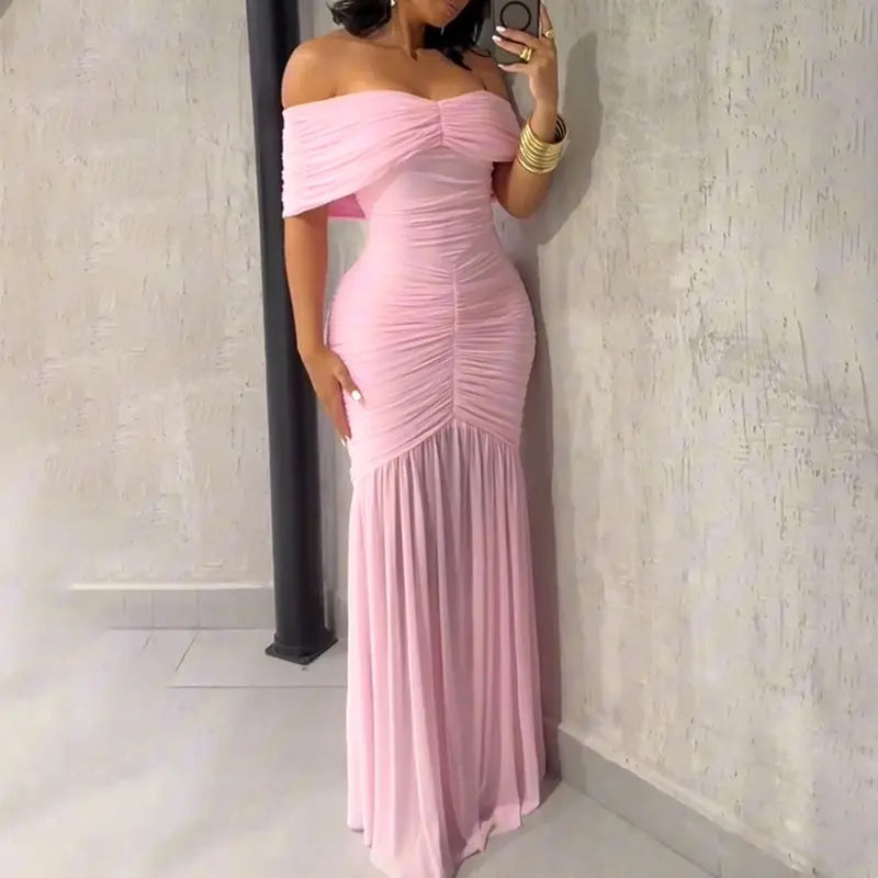 CHICME Women's Off-Shoulder Foldover Ruched Cinched Waist Minimalist Slim-Fit Mermaid Hem Evening Gown - Bump-Friendly Party & Wedding Guest Dress
