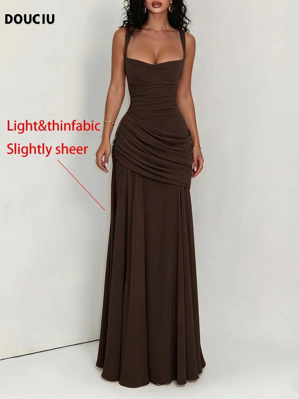 DOUCIU Spring Summer Thin Plain Semi-Transparent Long Dress Gowns, Elegant Pleated Chiffon A-Line Dress, Cross Back Maid Dress, Wedding Guest Evening Party Formal Dress, A Line Dresses