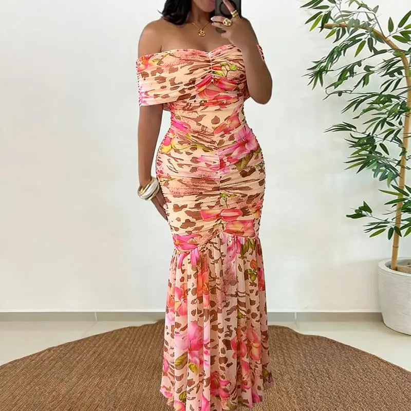 CHICME Women's Off-Shoulder Foldover Ruched Cinched Waist Minimalist Slim-Fit Mermaid Hem Evening Gown - Bump-Friendly Party & Wedding Guest Dress