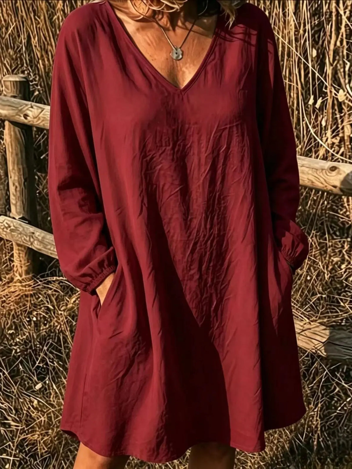 Elegant V-Neck Top, Loose Long Sleeve with Large Pockets, Breathable Linen Texture, Casual Summer Shirt for Women, Comfortable and Stylish
